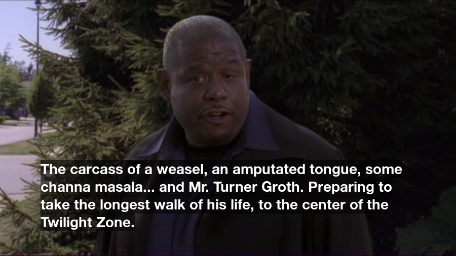 rodserlingzone's tweet photo. The carcass of a weasel, an amputated tongue, some channa masala... and Mr. Turner Groth. Preparing to take the longest walk of his life, to the center of the Twilight Zone. https://t.co/P5NPu3aTHj
