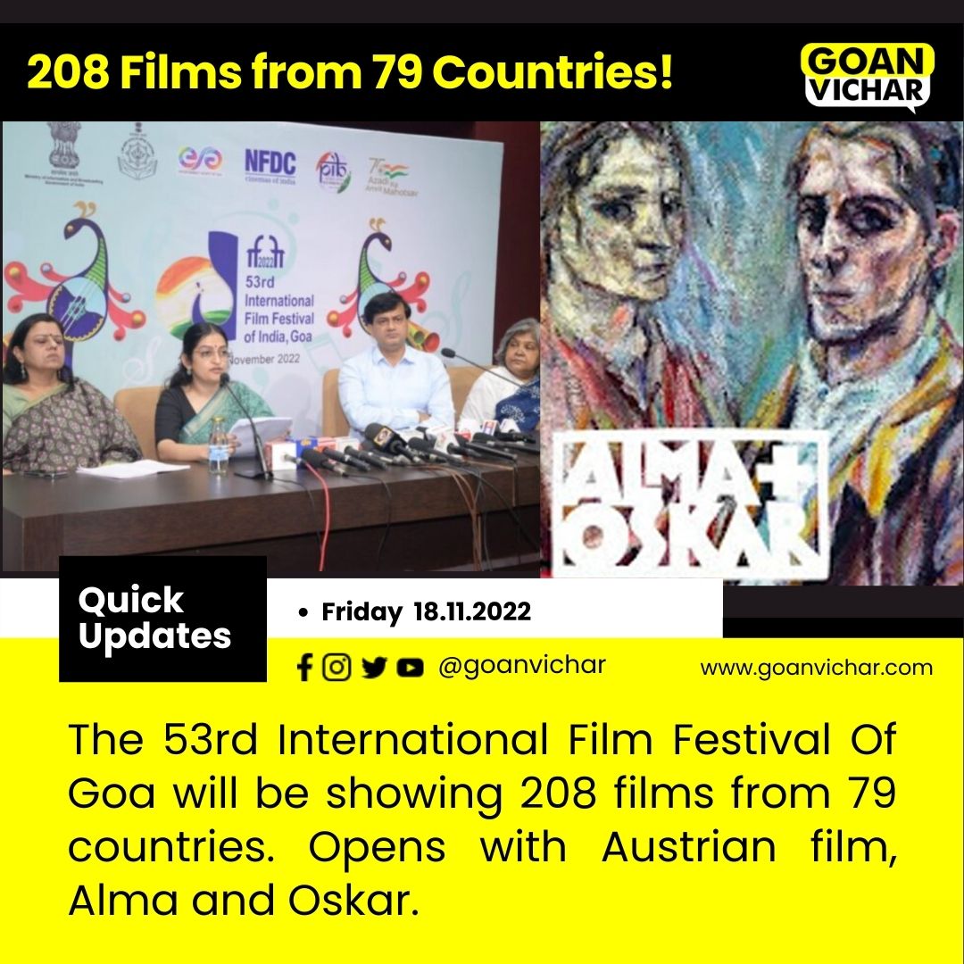Goanvichar's tweet photo. The 53rd International Film Festival Of Goa will be showing 208 films from 79 countries. Opens with Austrian film, Alma and Oskar https://t.co/a3xtEJRmZi