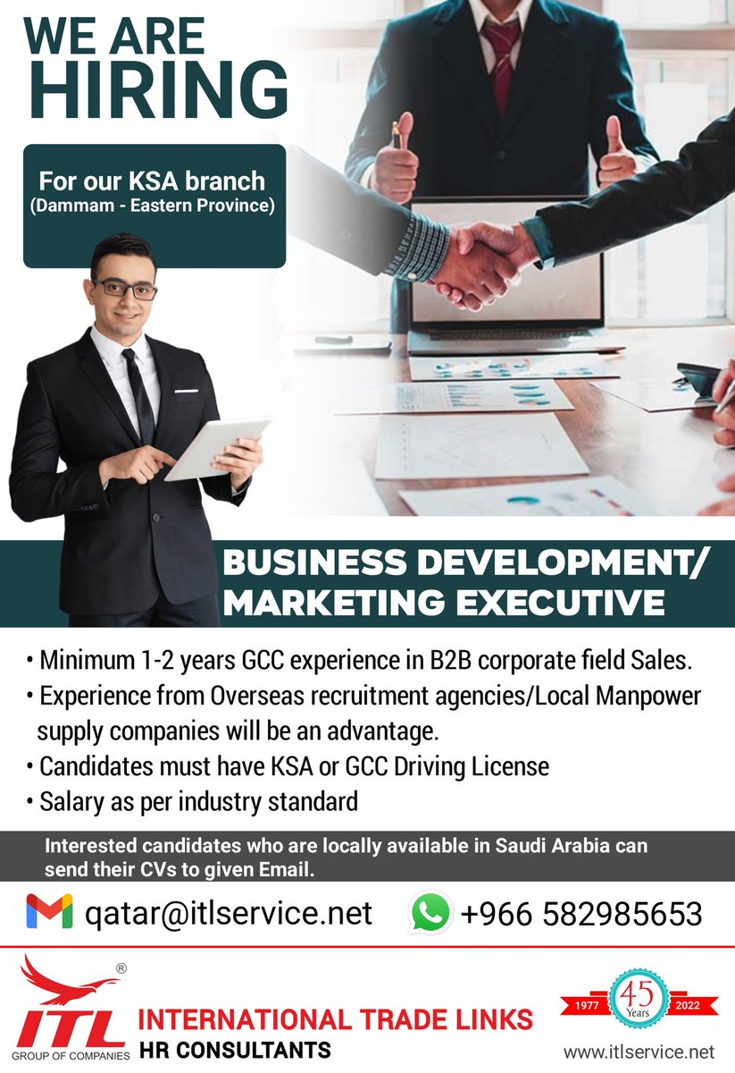 ItlJobs's tweet photo. JOB VACANCY FOR #saudiarabia

CLICK ON LINK TO APPLY JOB > https://t.co/t4H7Iy9eMZ
Learn more :
https://t.co/L5a1jRLuOk

#bdm #bdmjobs #bde #busniessdevelopment #marketing #manager #manpower #recruitment #overseas #itl #mumbaijobs #newjob #recruitmentjobs #consultants https://t.co/wChAQ8QST4