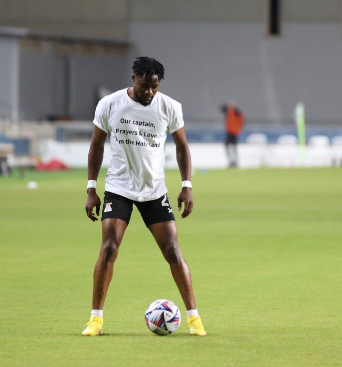 FAZFootball's tweet photo. The Chipolopolo boys paid tribute to their afflicted skipper Enock ‘Computer’ Mwepu with T-shirts emblazoned with a solidarity message prior to the kickoff of the international friendly match between Zambia and Israel. https://t.co/nQuaRfHy34