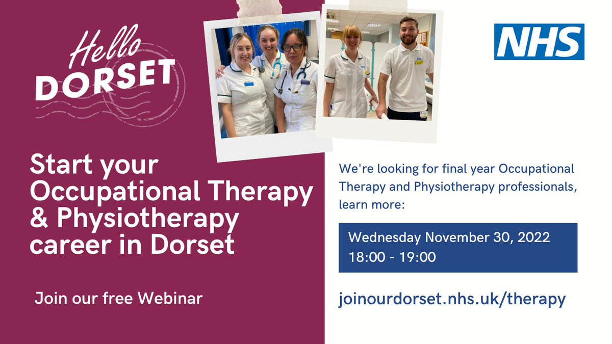 We are looking for enthusiastic, dedicated people who want to start their #OccupationalTherapy or #Physiotherapy career in #Dorset 🎓 

Learn more at our free online event on 30 November to learn about our opportunities! 🙌 

Sign up here: bit.ly/startyourthera…