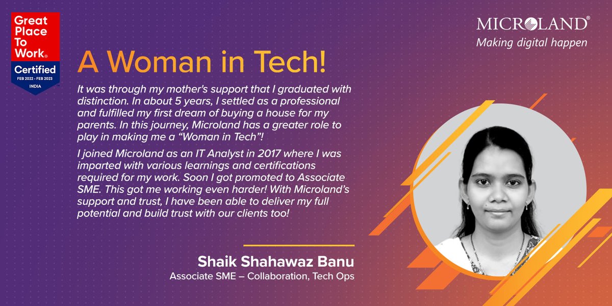 MicrolandLtd's tweet photo. Another inspiring story from a wonderful ‘Woman In Tech’ #Microlander! Know it in Shaik Banu’s own words about how she made it through with her sheer grit and determination coupled with Microland’s unending support!
#peoplepriortized #TheMicrolanderHeart #WomenInTech https://t.co/sh62WeTjyA
