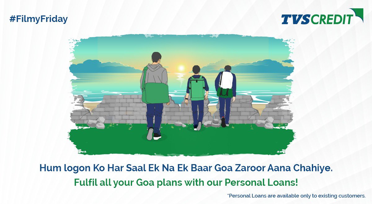 TVSCredit's tweet photo. Whether it is long vacations or short weekend getaways, conquer it all with our Personal Loans!
Click to know more: https://t.co/Ec6sjBjgNU
*Personal Loans are available only to existing customers.
*T&C apply.
#TVSCredit #FilmyFriday #DilChahtaHai #PersonalLoans #GoaPlan https://t.co/QXOauyAlvF
