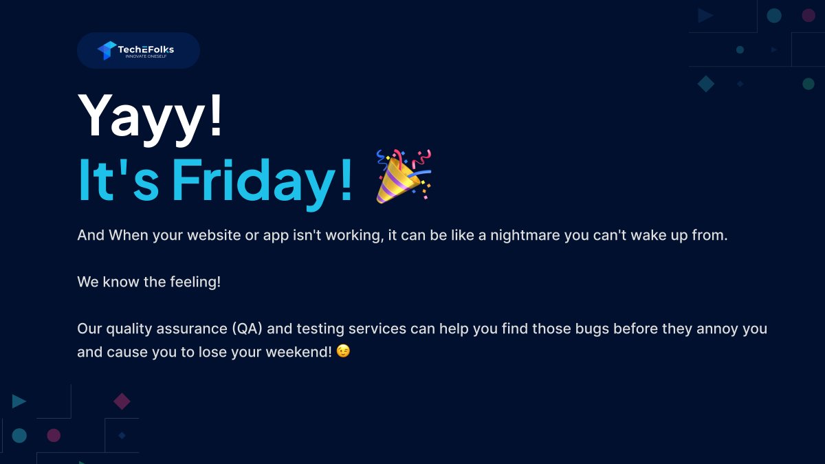 TechEFolks_'s tweet image. Relax. It's Friday!
Are your web & mobile applications not working as they should?
Our QA and testing services ensure that they are!
#DigitalTransformation #QA #QualityAssurance #AppTesting #BestITSolution #Friday #nobugfriday #ApplicationDevelopment
