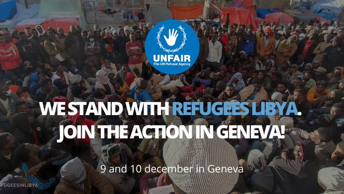 Eine Aufnahme des Protests vor dem UNHCR Büro in Tripolis. Geflüchtete sitzen in einem großen Kreis zusammen. AUßen herum drängen sich stehend weitere.<br><br>Davor:<br><br>Logo der UNFAIR Kampagne<br><br>WE STAND WITH REFUGEES LIBYA.<br>JOIN THE ACTION IN GENEVA!<br><br>9 and 10 december in Geneva