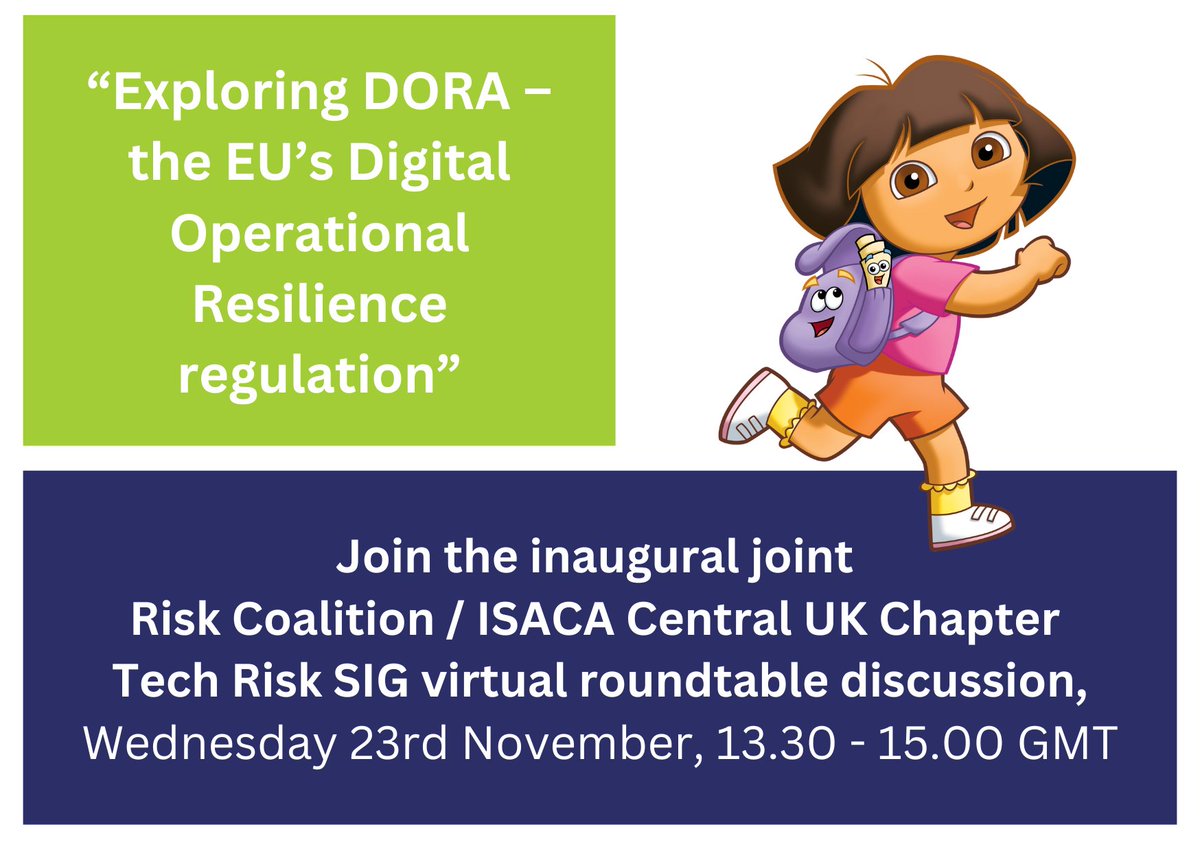 “Exploring DORA – the EU’s Digital Operational Resilience regulation” 
Virtual roundtable discussion, Wed 23/11, 1.30 - 3 pm GMT

<a href="/RiskCoalition/">Risk Coalition</a> &amp; <a href="/ISACANews/">ISACA Global</a> Central UK Chapter are pleased to launch of a joint Tech Risk SIG, with an inaugural roundtable discussion on #DORA