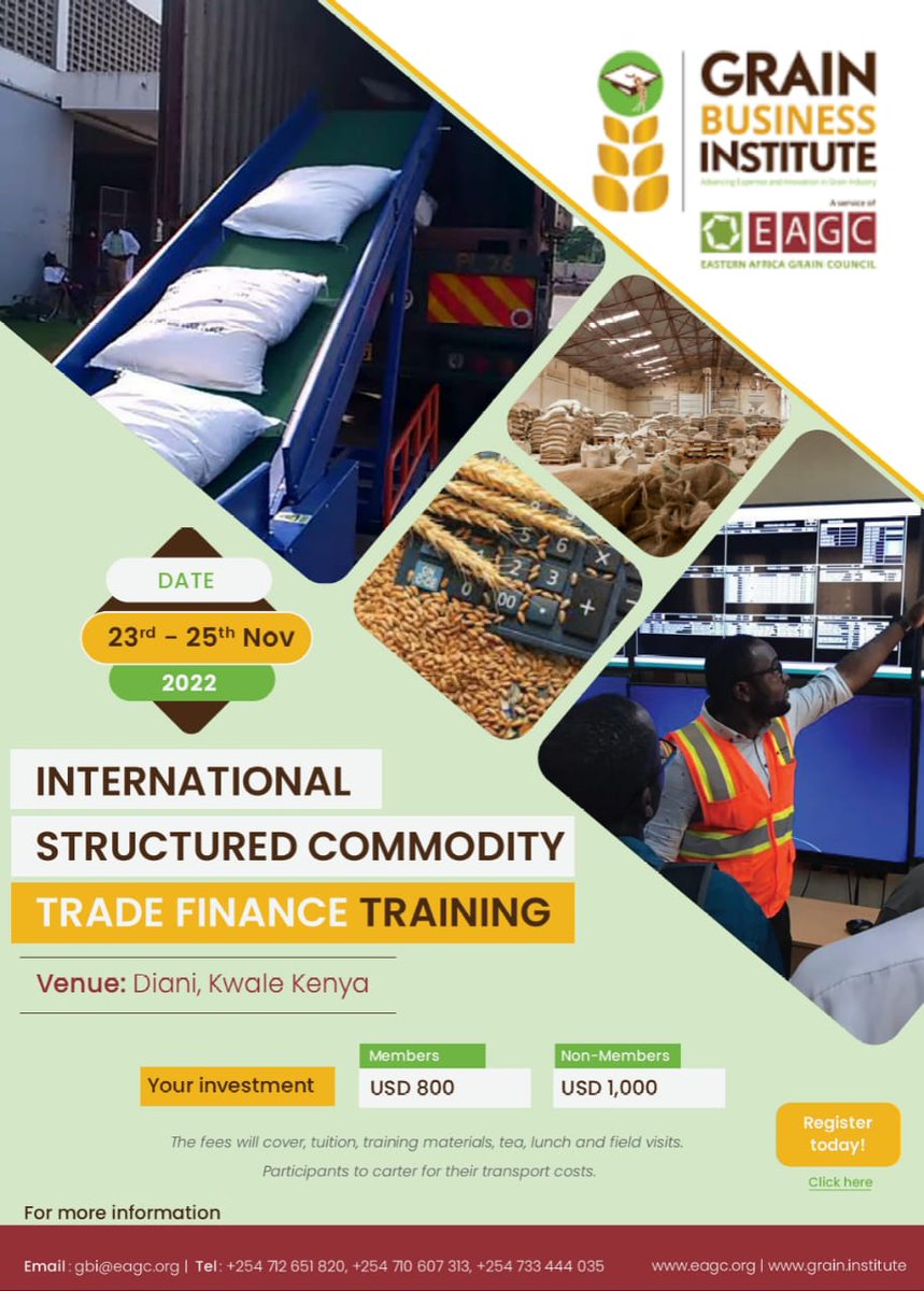 Only 4 days to go to the #InternationalStructuredCommodityTradeFinance training  which will give insights to stakeholders on efficient structures, risk mitigation #strategies and management processes to allow for grain #trade and #financing. Register here: bit.ly/3ghkpkU