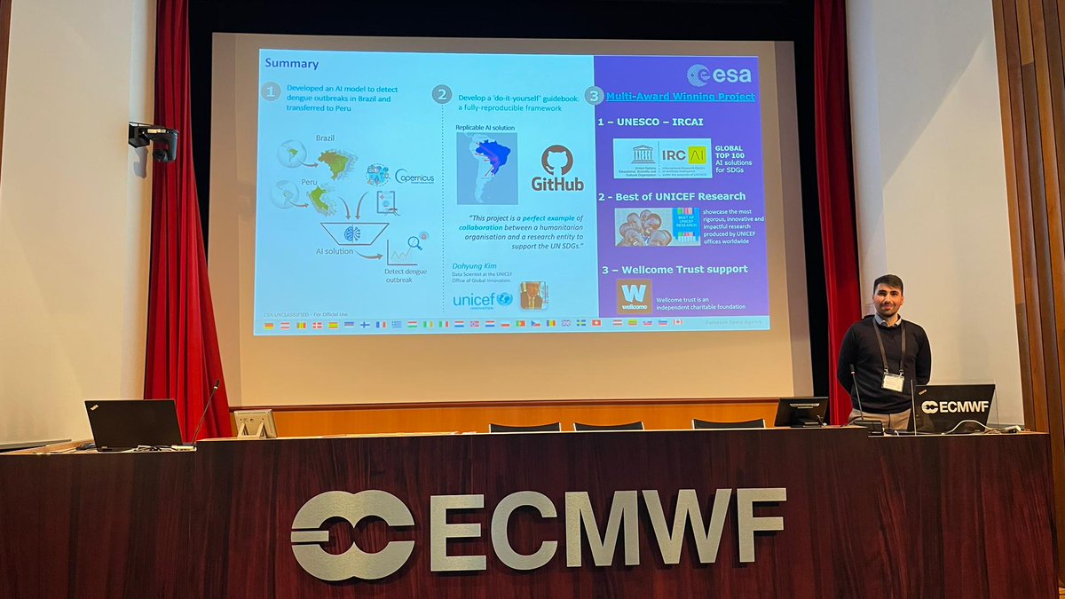 It was a pleasure presenting our #Philab's work on Forecasting Dengue outbreaks using #MachineLearning  at the ECMWF-ESA workshop #ML4ESOP.

Happy to see the audience interest on the project societal impact and the ML framework!

#AI4EOWS #AI4EO, #PublicHealth #AI4EO4Health