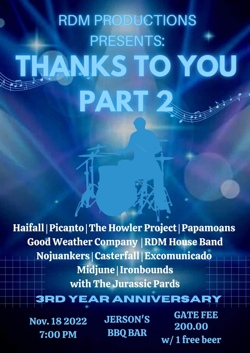midjuneph's tweet photo. Thanks to you! PART 2! 

Watch us perform today at 7pm at Jerson's Bar-BQ Grill for RDM Production's 3rd Year anniversary gig! We'll be playing along with talented bands! See you all soon! 

mdjn. https://t.co/MWY07aql7i