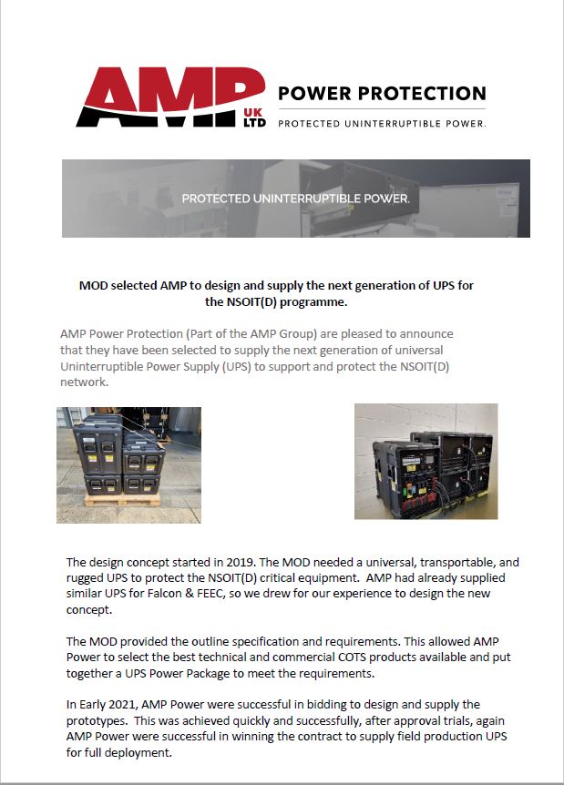 AMP_GroupLTD's tweet photo. AMP Power Protection (Part of the AMP Group) are pleased to announce that they have been selected to supply the next generation of universal Uninterruptible Power Supply (UPS) to support and protect the NSOIT(D) network.

Visit our website at - https://t.co/rFyI161FUd https://t.co/3VAJO0B3Io
