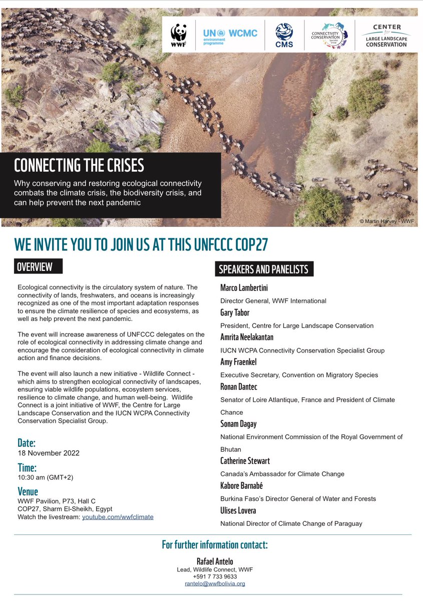 Why conserving and restoring ecological connectivity combats the climate crisis, the biodiversity crisis, and can help prevent the next pandemic

Join us now at #COP27  side event: 

Connecting the Crises

Watch now Livestream: youtu.be/wUn67I3ro0M