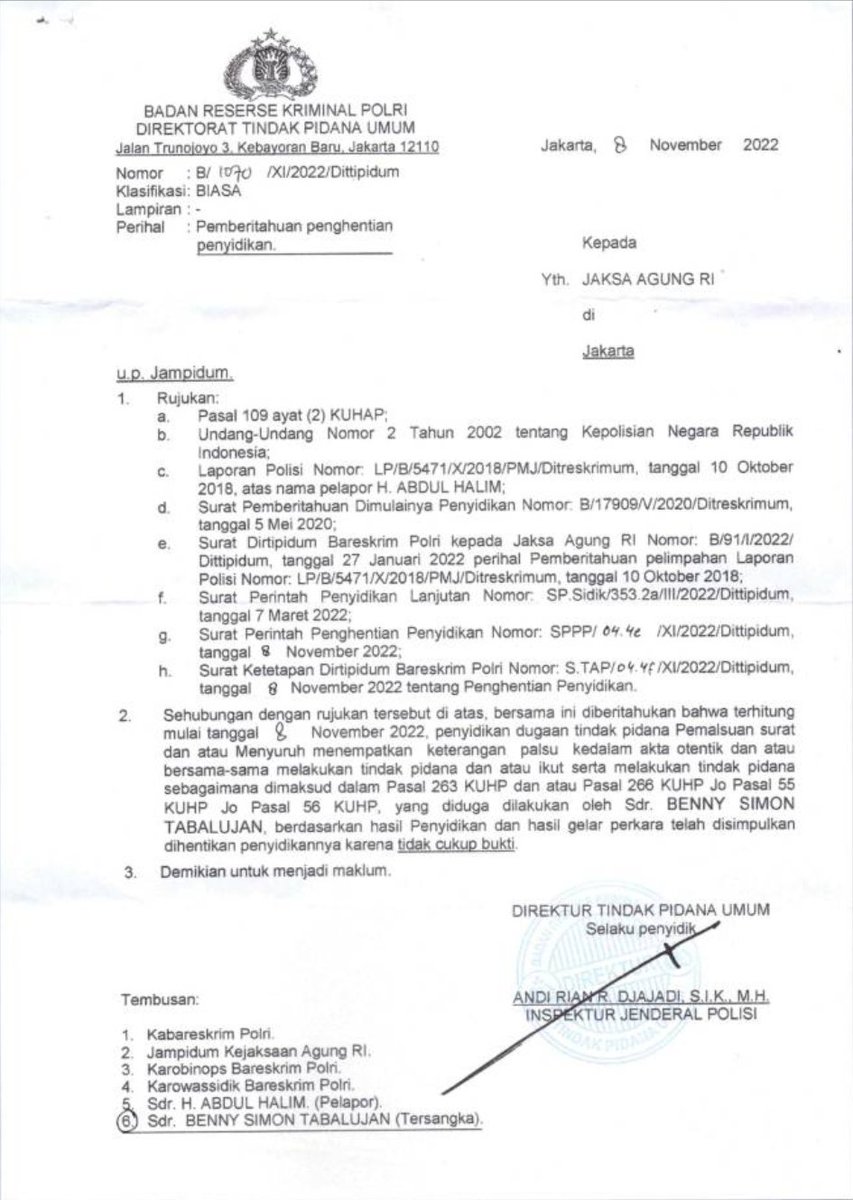 RUDI VALINKA (@kurawa) on Twitter photo Bareskrim keluarkan SP3 buat Tersangka Mafia Tanah Benny Tabalujan.. luar biasa sih masih akan suram Mafia Tanah di Indonesia jika penegakan hukum masih spt ini.
Pak Kapolri <a href="/ListyoSigitP/">Listyo Sigit Prabowo</a> bagaimana mau bersihkan Mafia Tanah di Indonesia jika gayanya tetap sama 🙈😭 Bareskrim keluarkan SP3 buat Tersangka Mafia Tanah Benny Tabalujan.. luar biasa sih masih akan suram Mafia Tanah di Indonesia jika penegakan hukum masih spt ini.
Pak Kapolri <a href="/ListyoSigitP/">Listyo Sigit Prabowo</a> bagaimana mau bersihkan Mafia Tanah di Indonesia jika gayanya tetap sama 🙈😭