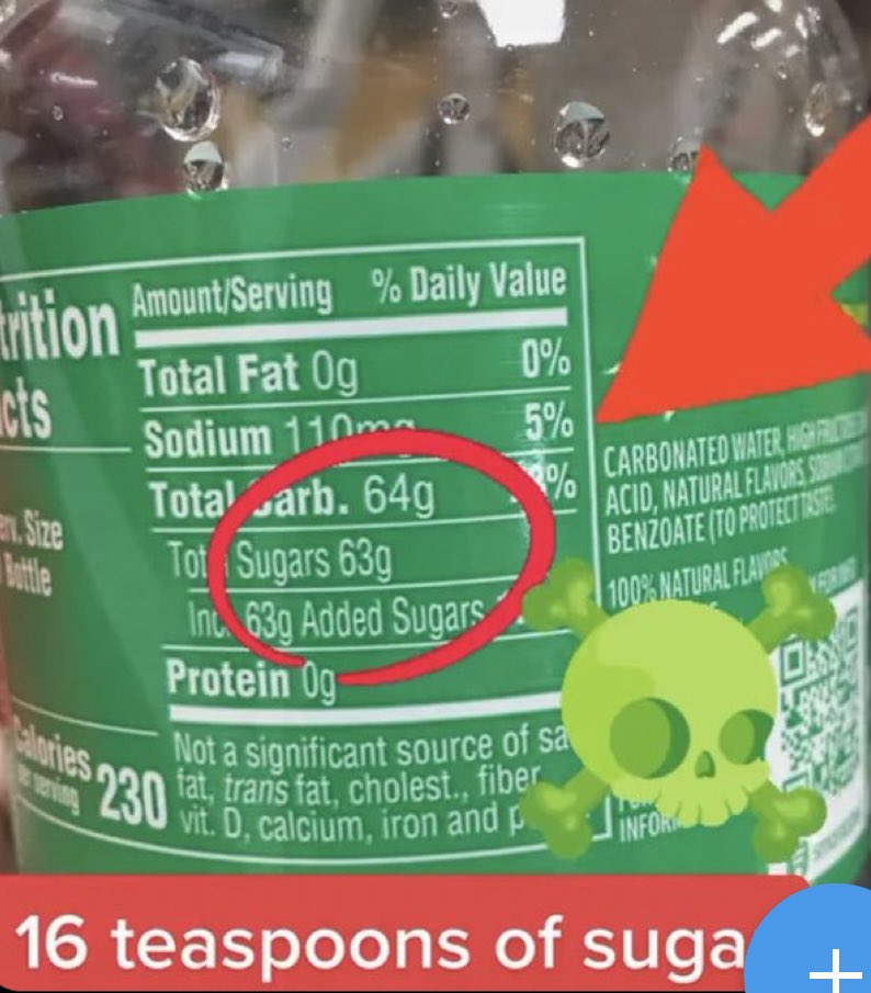 Prenez toujours le temps de lire l'étiquette d'aliments.
Saviez-vous que 64g c'est l'équivalent de 16 cuillères à café (càc) de sucre?
La limite journalière requise c'est 6 càc pour les † et 9 càc pour les † .
L'excès sera transformé et stocké en graisses