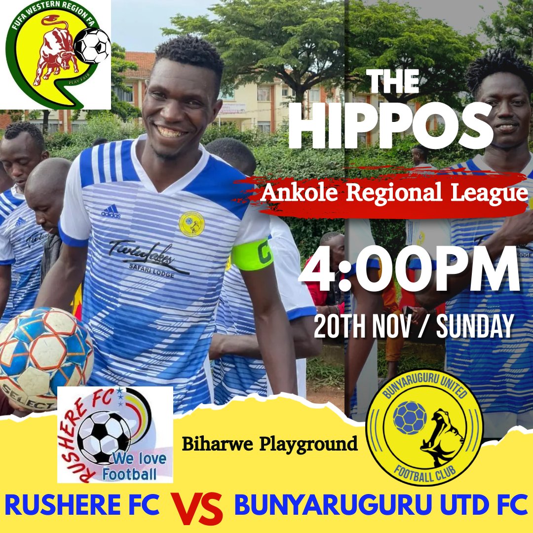 bunyarugurufc1's tweet photo. This Sunday 20/Nov the #HIPPOS of Bunyaruguru @bunyarugurufc1 are playing @RushereFc at #Biharwe playground. #4pm https://t.co/BaGXH6ufgR