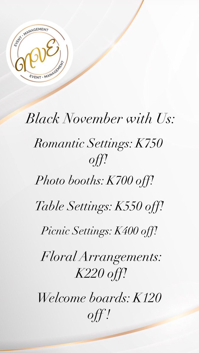 nve_events's tweet photo. It’s Black November at NVE Events and what a promo we have in store for you!  We will be having a price slash on all personalized quotations from the 18th of November till the 1st of December  Attached are some pictures of what will be on offer these two weeks, let’s get booking! https://t.co/Skatlih2Fl