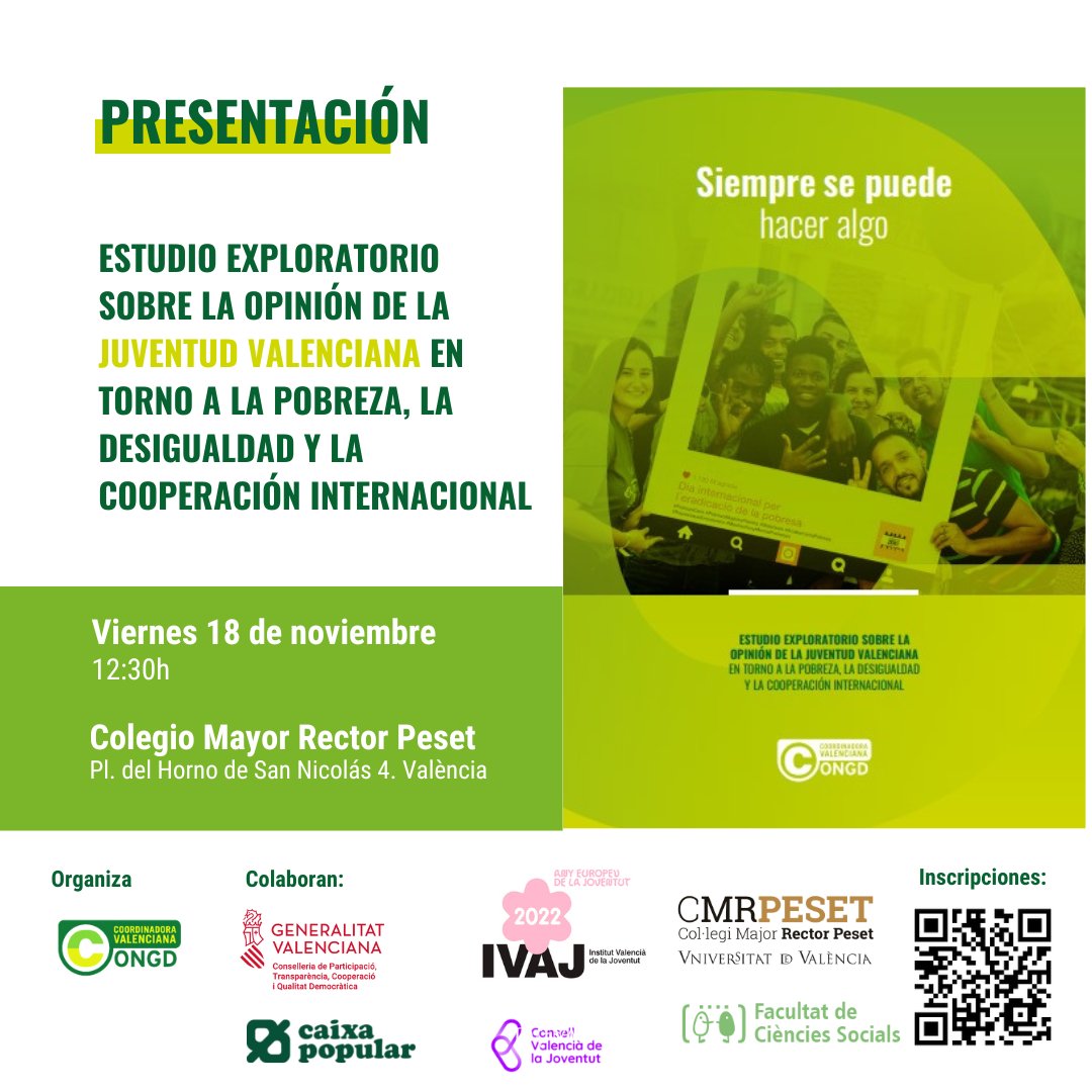 CVONGD's tweet photo. ¡Última llamada!

Esta mañana presentamos en el @CMRectorPeset de València un estudio pionero que indaga en las opiniones de la #Juventud sobre los grandes problemas globales, la #CooperaciónInternacional y las #ONGD.

Incluye recomendaciones para la acción. ¡Te esperamos! https://t.co/E6VLB1yNqu