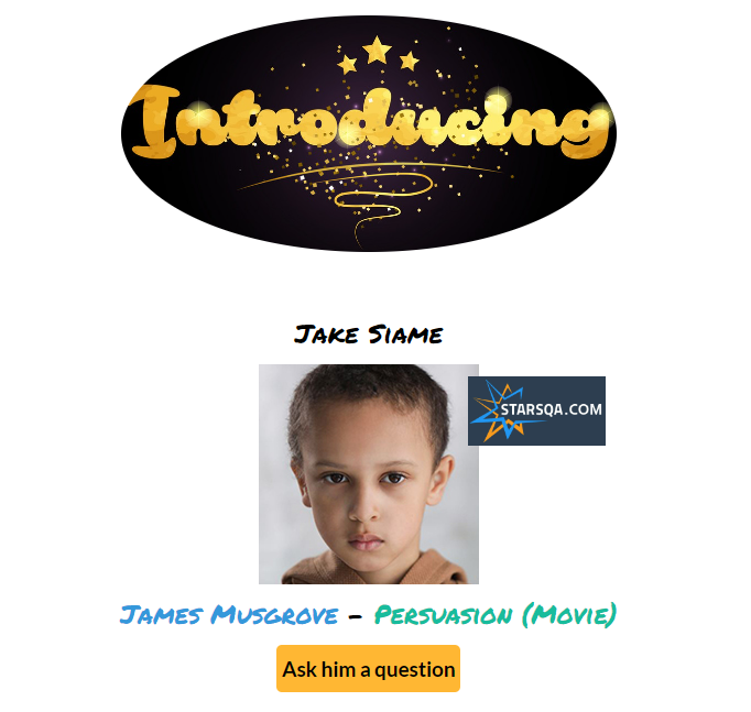 StarsQA's tweet photo. #starsQA
Welcoming our newest star... @thesiamekids
Ask him a question here: https://t.co/Rzfl9Kz8kK
#jakesiame #childactor #younghollywood #actor #industrykids #actorslife #short #tvshow #movie #voiceover https://t.co/ImGU2I1S9x