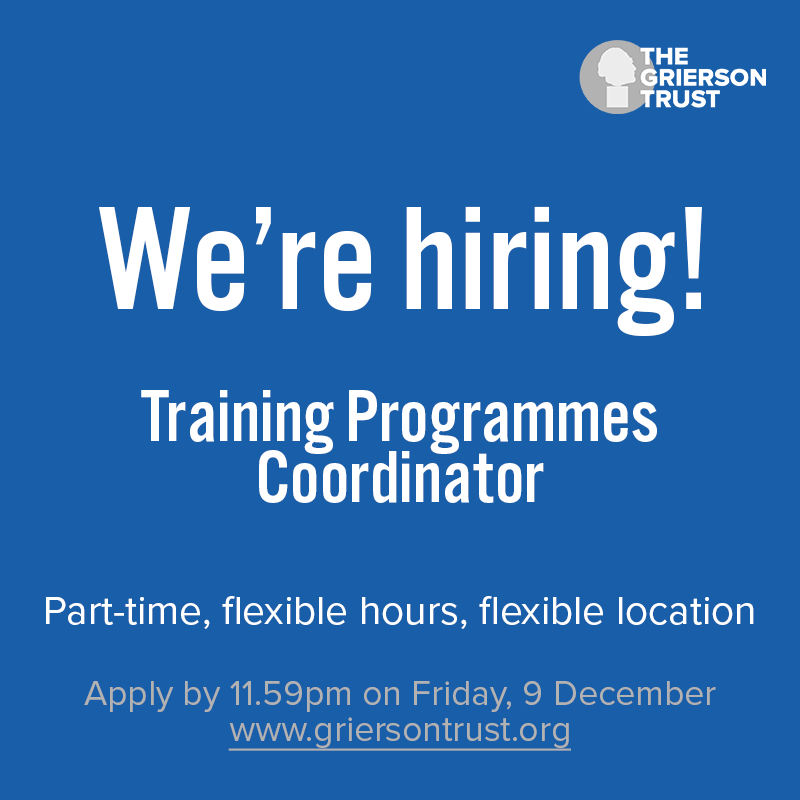 griersontrust's tweet photo. We’re #hiring! 

Are you passionate about supporting #documentary talent? We have a part-time, flexible hrs &amp; location Training Programmes Coordinator role open for applications 📰

Deadline 9 Dec. More info ➡️ https://t.co/VOK1D3aSOg #Jobs https://t.co/Cwn2kcoJgp