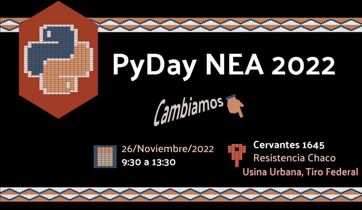 AguaraTech (@pythonnea) on Twitter photo Cambiamos de SEDE y de Horario!
Inscribite a PyDayNEA (eventos.python.org.ar/events/PyDayNE…) 
Apurate que todavía recibimos nuevas propuestas! 
Agregate y presentá tu charla o taller (eventos.python.org.ar/events/PyDayNE…)
#python #cfp Cambiamos de SEDE y de Horario!
Inscribite a PyDayNEA (eventos.python.org.ar/events/PyDayNE…) 
Apurate que todavía recibimos nuevas propuestas! 
Agregate y presentá tu charla o taller (eventos.python.org.ar/events/PyDayNE…)
#python #cfp