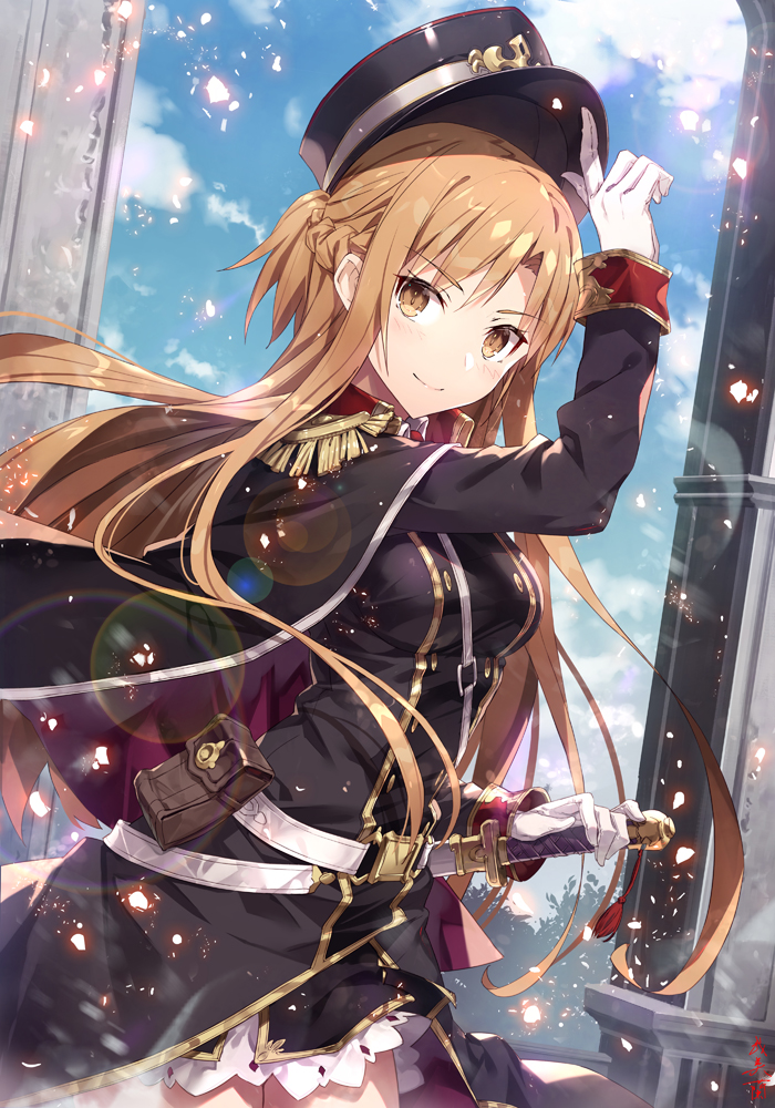 asuna (sao) 1girl long hair solo gloves sword hat weapon  illustration images