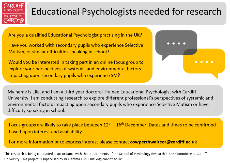 #TwitterEPs, I am looking for EPs who have experience working with secondary age pupils with Selective Mutism. Get in touch if you might be interested in participating in my doctoral research! 😊 #selectivemutism