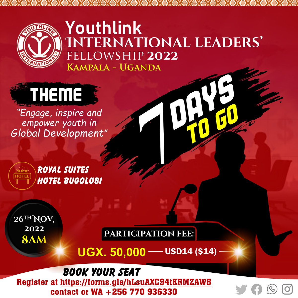 YLFellows's tweet photo. 7️⃣ DAYS to GO👀
The biggest congregation of youth leaders, entrepreneurs, philanthropists and changemakers converges in Kampala🔥
You wouldn't want to miss🎙️
Book your seat NOW! Click the link: https://t.co/1ulK1muVBr
#YILF22 #TheWorldtoKampala https://t.co/Fu1b8FvUEe