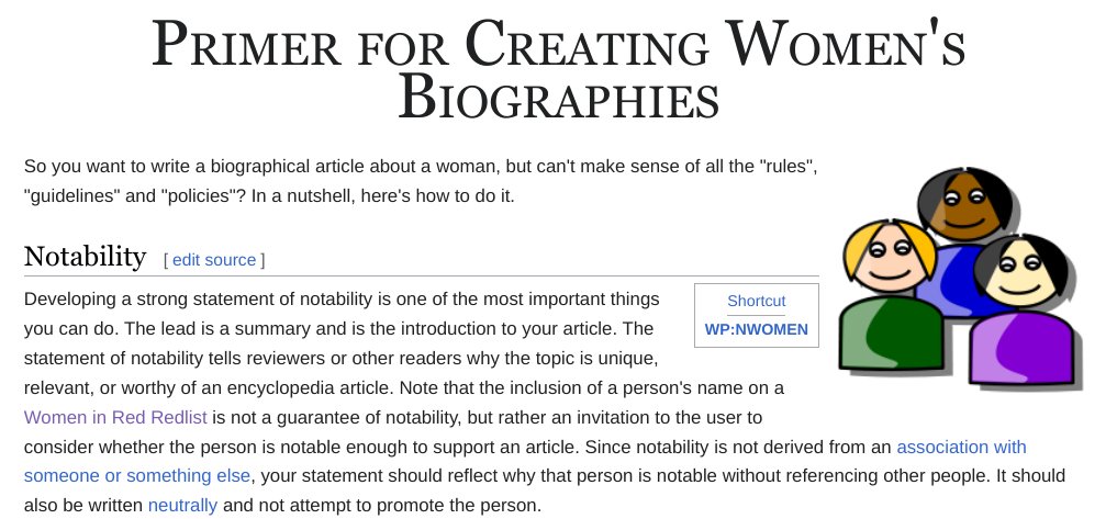 If only there was a guide to writing Wikipedia articles about women, there is.
en.wikipedia.org/wiki/Wikipedia…

If you're having a go then say hi at womeninred.org to get a handholder - it takes 10 mins to create an article &amp; have it deleted. 

30 mins with a mate = success