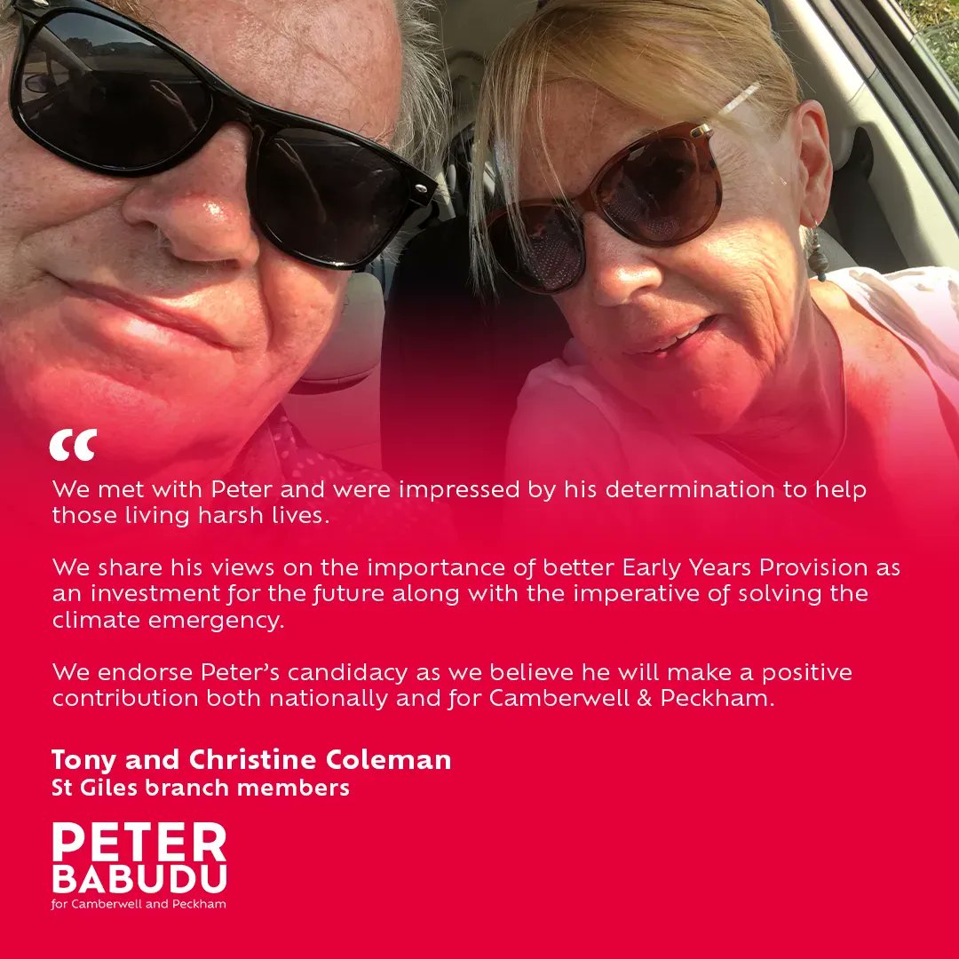 peterbabudu's tweet photo. "We endorse Peter's candidacy as we believe he will make a positive contribution both nationally and for Camberwell and Peckham" Thank you Tony and Christine Coleman for your endorsement! #BackBabudu https://t.co/cf7q4uQScq