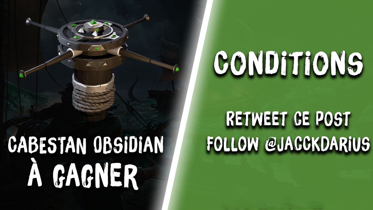 En prévision de la nouvelle saison et grâce au partenariat <a href="/SeaOfThieves/">Sea of Thieves</a>, je vous offre un CABESTAN OBSIDIAN !

Pour participer : 
🔃 Retweet ce post
✅Follow <a href="/jacckdarius/">GL Jack Darius</a>

Tirage au sort le lundi 28.11.22

#Giveaway #Giveaways #Concours #cadeaux #SeaOfThieves