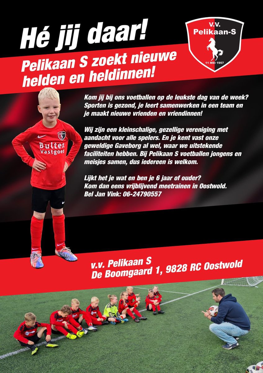 vvpelikaans's tweet photo. βHΓ©, jij daar!β
Woon je in Oostwold of omgeving en wil je lekker voetballen met vrienden en vriendinnen? Kom dan eens vrijblijvend meetrainen. #Jeugd #Westerkwartier #Oostwold #Enumatil #DenHorn #Lettelbert #Midwolde #Hoogkerk https://t.co/RtegtBK9T2