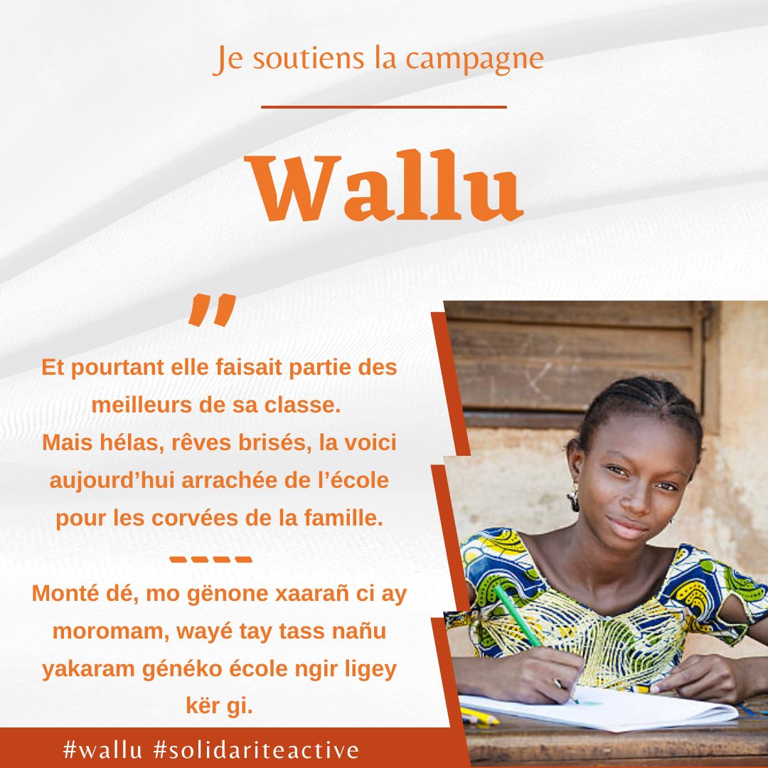 Campagne #wallu 
En envoyant leurs filles dans les zones urbaines pendant les vacances pour travailler en tant qu’aide domestique, les parents ignorent souvent les risques et les dangers auxquels ces dernières sont exposées : surcharge de travail, manque de repos, violences👇👇