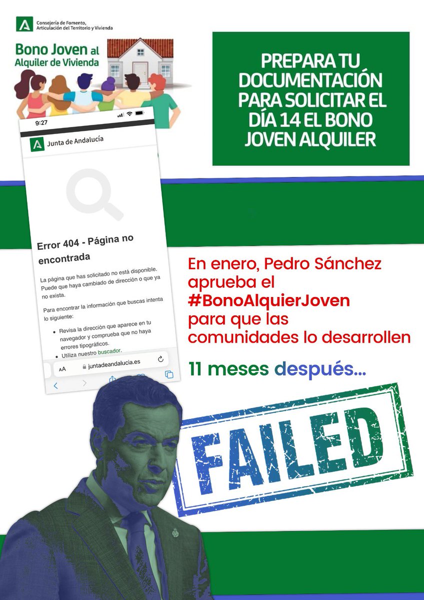 La gran chapuza de Juanma Moreno 😩

Tras convocar 11 meses tarde el #BonoAlquilerJoven y no funcionar la web durante casi 48 horas, la Junta de Andalucía anoche cerró el plazo de solicitud.

Menos de 96 horas ha durado el plazo de solicitud, todo por no poner más recursos 😠