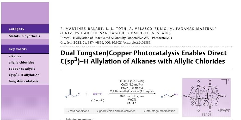 BalazsLToth's tweet photo. I am happy to share that our @JOC_OL paper on dual tungsten/copper photocatalytic allylation of alkanes got featured by #synfacts
@mfananasmastral @alvaro1avr @ciqususc 
Org. Lett. 2022, 24, 37, 6874–6879. DOI:10.1021/acs.orglett.2c02887
🔗https://t.co/09ZjFtJNEv https://t.co/1rH8O35x68