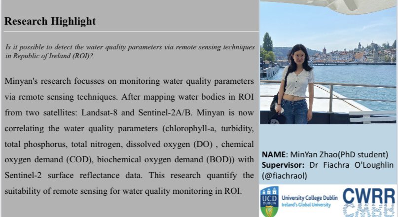 UCD Dooge Centre for Water Resources Research (@ucd_cwrr) on Twitter photo #MeetOurResearchers
MinYan Zhao is exploring whether remote sensing techniques can be used to monitor water quality in Ireland. MinYan is supervised by <a href="/fiachraol/">Fiachra O'Loughlin</a> 🛰️💧 in <a href="/UCDCivEng/">UCD Civil Engineering</a> #Satellites #phdlife #AcademicTwitter #MeetOurResearchers
MinYan Zhao is exploring whether remote sensing techniques can be used to monitor water quality in Ireland. MinYan is supervised by <a href="/fiachraol/">Fiachra O'Loughlin</a> 🛰️💧 in <a href="/UCDCivEng/">UCD Civil Engineering</a> #Satellites #phdlife #AcademicTwitter
