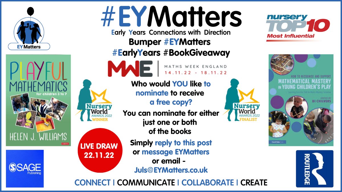 EY_Matters's tweet photo. Hope  you have all been having a great week? Today is the last day of Maths Week 2022 @maths_week #MWE2022 but not the last day you can nominate your fav #EYBuddy to enter the draws for each of the books by @helenjwc &amp; @watchmegrow_Di 
#EYMatters #EarlyYears #BookGiveaway https://t.co/yJ9XuVmfZy