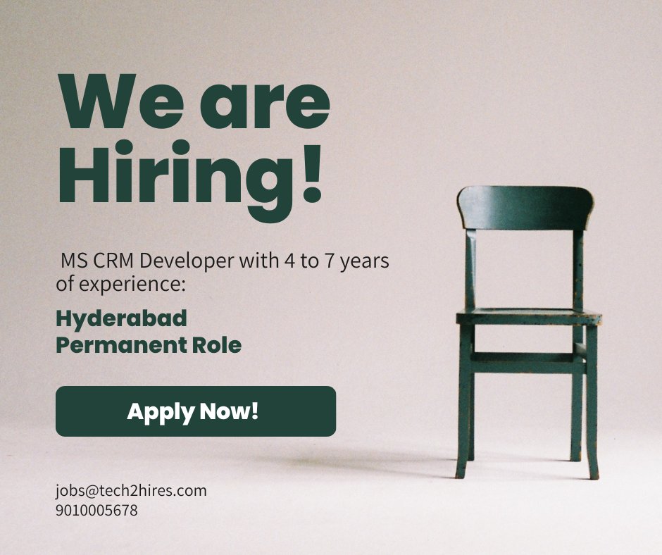 Tech2hires's tweet image. Must be strong in Microsoft Dynamics CRM – 365 CE, SDK, Canvas Apps 
Note : all our recruitment services are free for job seekers.
#RajNiranjan #tech2hires #Hyderabadjobs #MSCRMDeveloper #MSCRM #MSCRMDynamics #Canvasapps #jobsinhyderabad #mscrmjobs #mscrmjobsinhyderabad