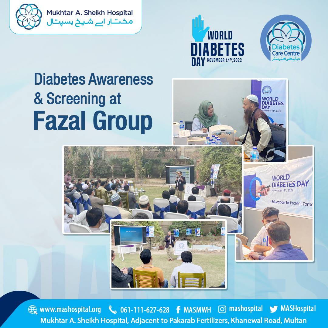 MASHospital's tweet photo. In regards to the World Diabetes Day, Mukhtar A. Sheikh Hospital arranged an Awareness and Screening Session at Fazal Group.
#MASMWH #MASHCares #SafeMASH #WorldDiabetesDay https://t.co/UzSZKJjosW