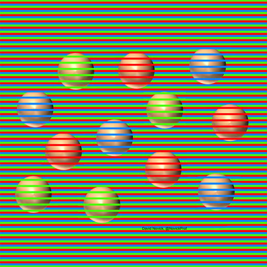 NorbertExplique's tweet image. Notre cerveau interprète les couleurs par rapport à leur environnement. 
Ici, toutes les boules sont de la même couleur.
#illusion