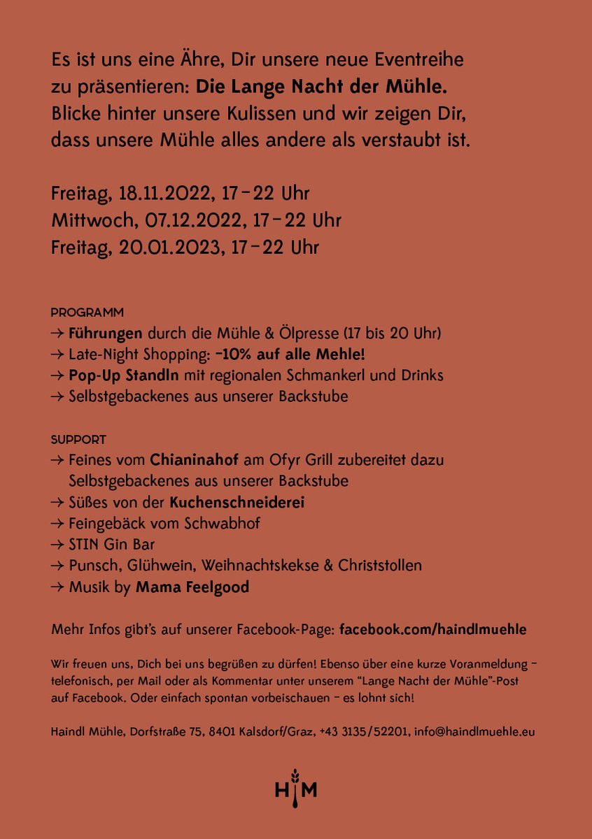 elligraz's tweet photo. #grazbubble: Bei der Haindl Mühle in Kalsdorf gibt es heute die 1. Lange Nacht der Mühle mit Führungen durch Mühle & Ölpresse, Pop Up Standln mit regionalen Schmankerln und Musik von Mama Feelgood. Um 17 Uhr gehts los! https://t.co/XSllV9roio