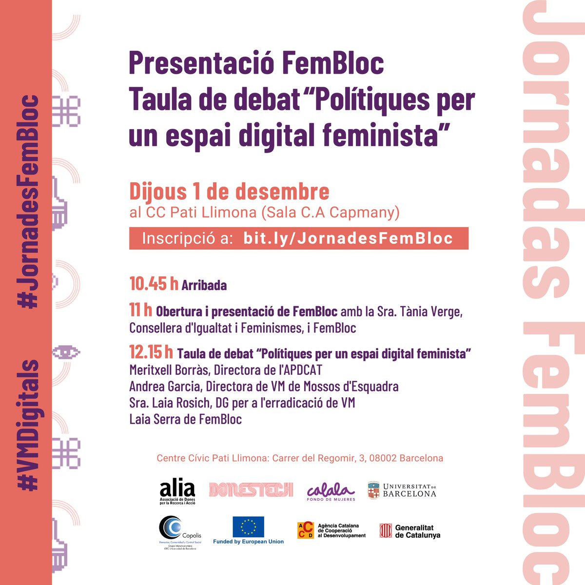 fembloc_'s tweet photo. Presentació de FemBloc i taula de debat “Polítiques per un espai digital feminista” a #JornadesFemBloc

Amb @txellborras, Andrea Garc��a, @LaiaRS, @taniaverge i @Laia_Serra_

📍Dijous 1 de desembre al CC Pati Llimona

Inscripcions a https://t.co/ojQhsP0FIX
 #VMDigitals https://t.co/MhwrfcZJ3t