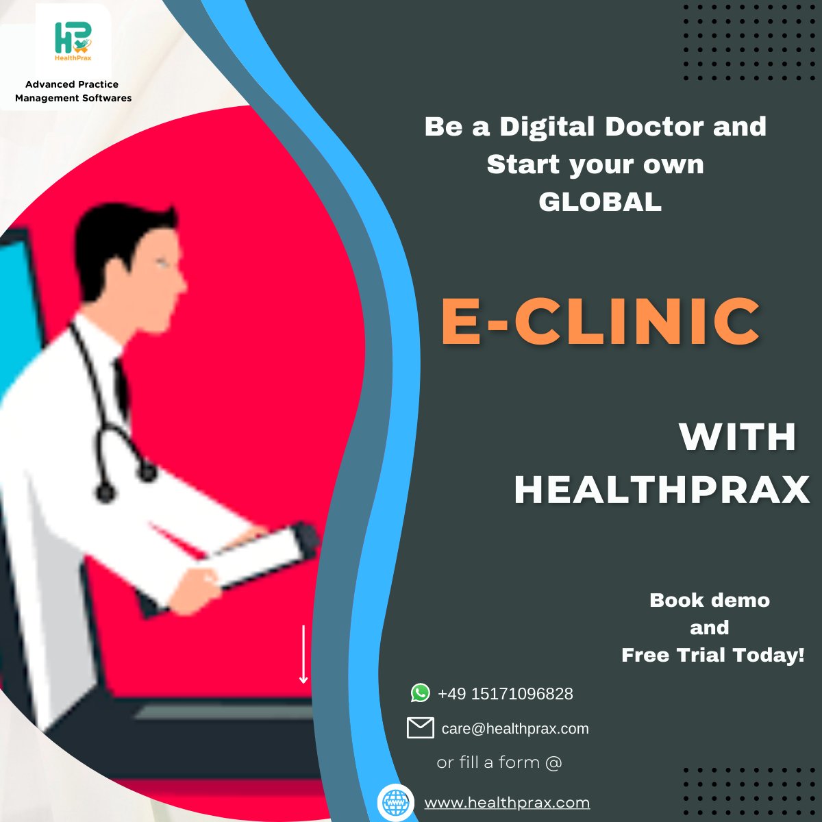 HealthPrax's tweet photo. Healthprax offers the opportunity for doctors to start their global e-clinic. Easy, simple, hassle-free, end-to-end service. We provide a single platform for complete practice management. Wanna know more? Get in touch with us. #healthprax #HPX #hpx #healthcare #eclinic #e-clinic https://t.co/bbrNxiYVcr