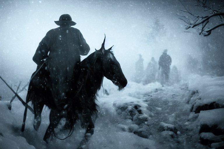 TheFuc's tweet photo. “Riding Through A Winter Storm” #midjourney #midjourneyAi #aiartcommunity #AIArtistCommunity #AIartists #aiart https://t.co/TxZwPCjtmi