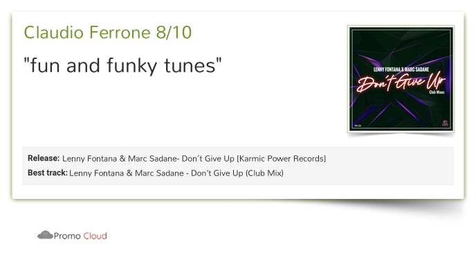 KarmicPowerRec's tweet photo. Claudio Ferrone reviewed @lennyfontana - Don’t Give Up (Club Mix). 8/10 #DontGiveUp #LennyFontana #MarcSadane #newmusic #p https://t.co/38YpeGFU8B
