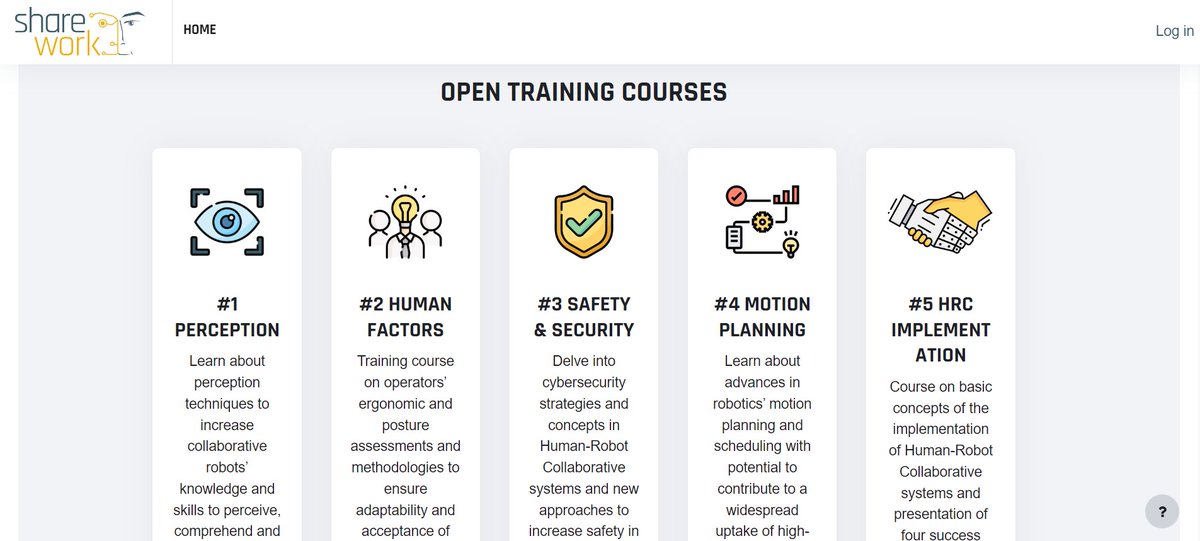 Sharework_EU's tweet image. As part of #Sharework&apos;s project outputs, 5 online open-access courses have been created

✔️ Complete them to gain valuable information and training on #HRC implementation, motion planning, safety &amp;amp; security, among others #CollaborativeRobotics

training.sharework-project.eu