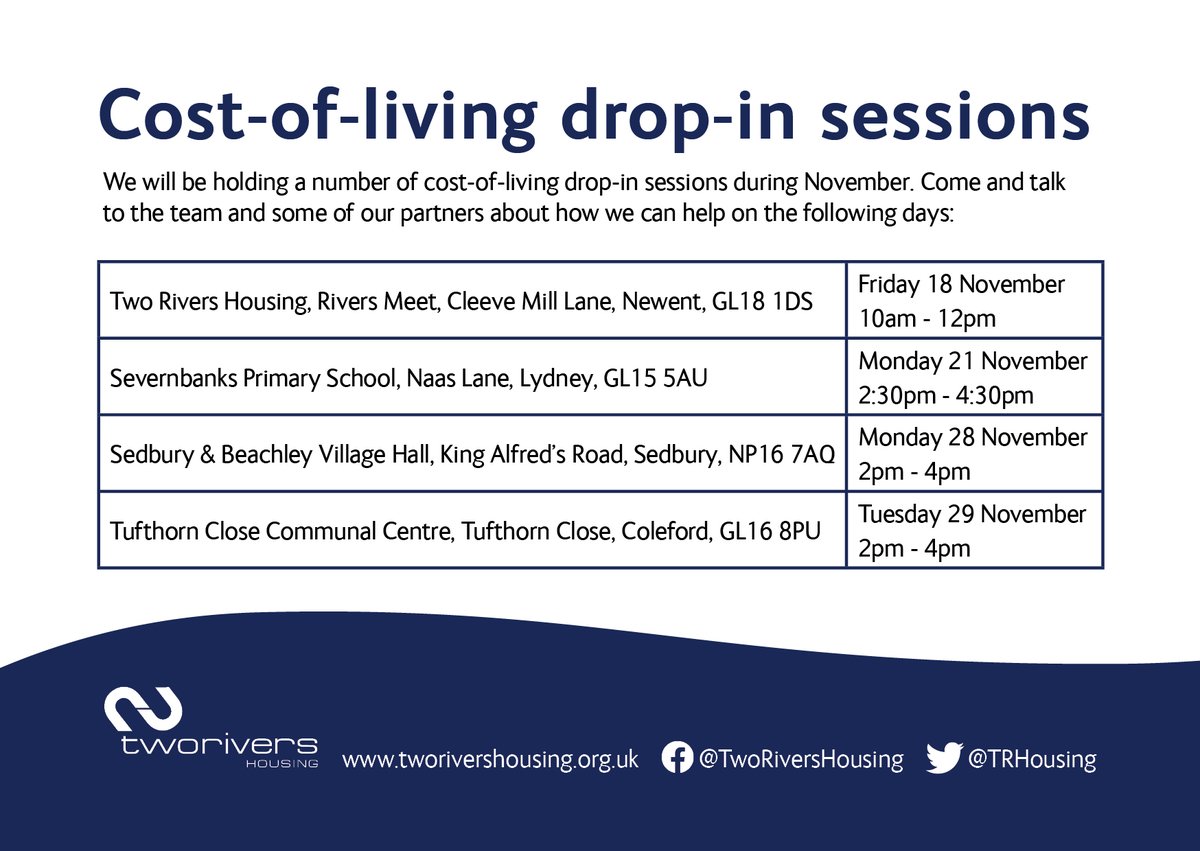 Next Monday (21 Nov) will be our second drop-in session at <a href="/SevernbanksPS/">Severnbanks Primary</a> in Lydney.

From 2:30pm-4:30pm our teams and partners will be sharing information and resources on how we can support you with the rising cost-of-living.

ow.ly/C8a150LGUwA <a href="/FoDDC/">Forest of Dean District Council</a>