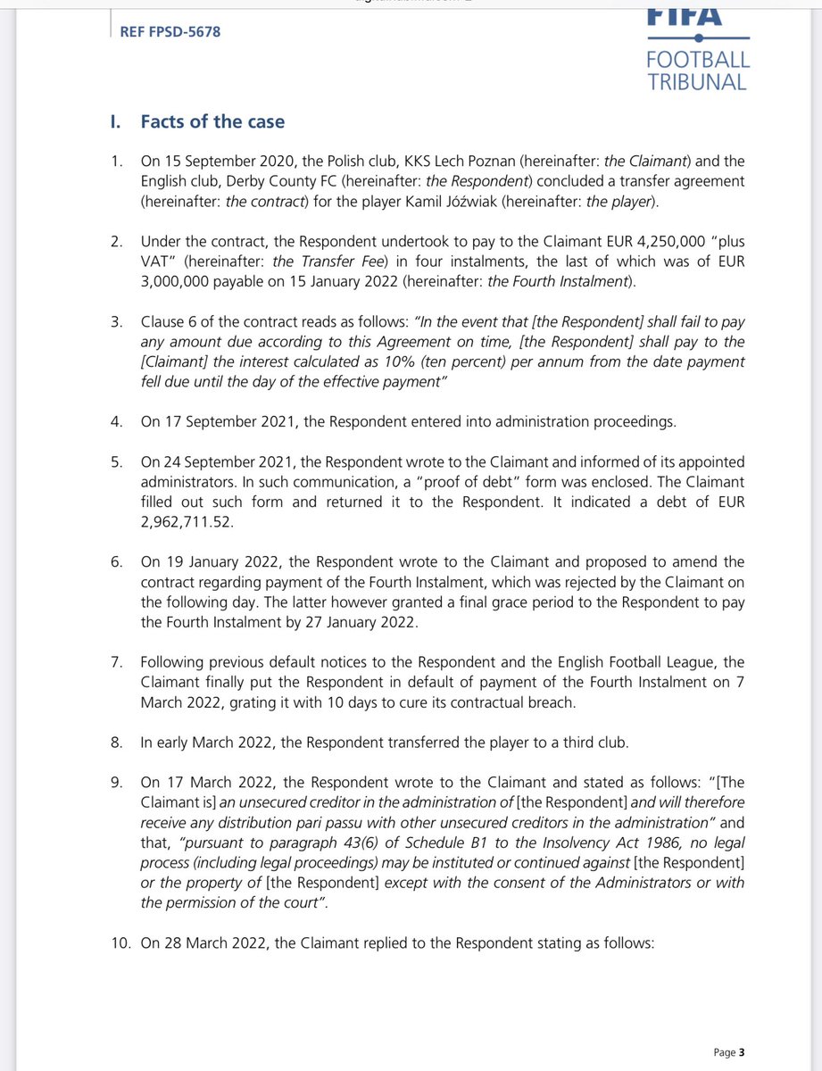 redfern_i_j's tweet photo. Unreported in media; #dcfc were taken to FIFA tribunal in June, when their (Quantuma’s) botched attempt to settle Jozwiak fee at 25p in £ was defeated. 
Club warned re future conduct &amp; ordered to pay €3m in full + int at 10% &amp; costs of €25k, or face a 3 window registration ban https://t.co/EQHz8mAT8Z