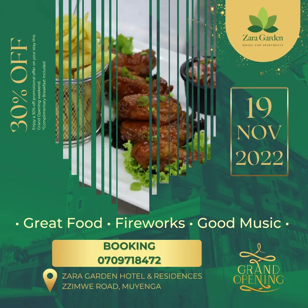 ZaraGardenHotel's tweet photo. Come celebrate with us this Grand Opening weekend with our 30% offer on all rooms, great food, fireworks, live performances and more. See posters for details and make your reservation today. You don't want to miss this!! #ZaraGardenHotel #GrandOpeningWeekend https://t.co/Pe5ZQwj5CH