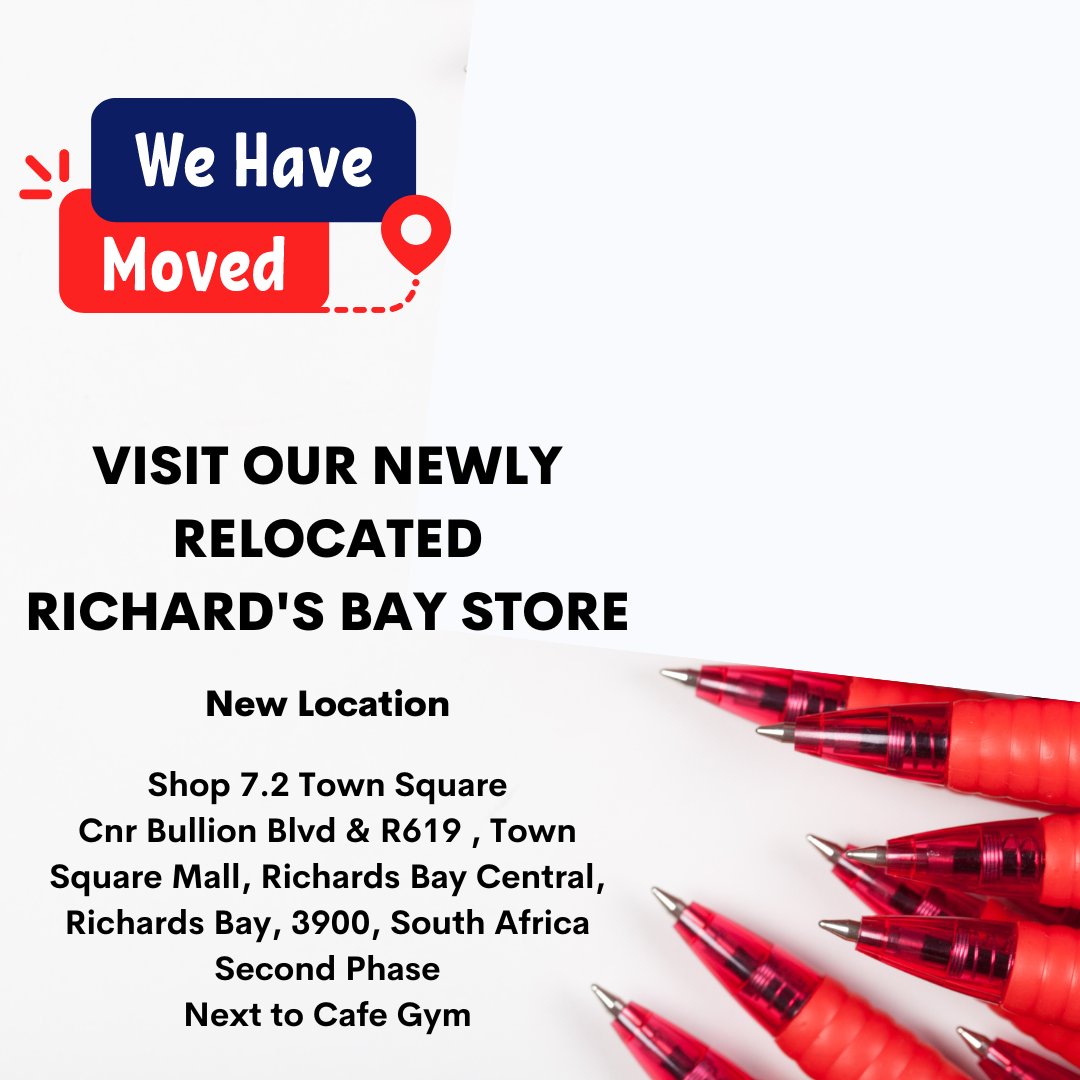 In case you've missed it 📣

We have relocated our Richard's Bay store just around the corner!

Come visit us at Shop 7.2 in Town Square Mall.