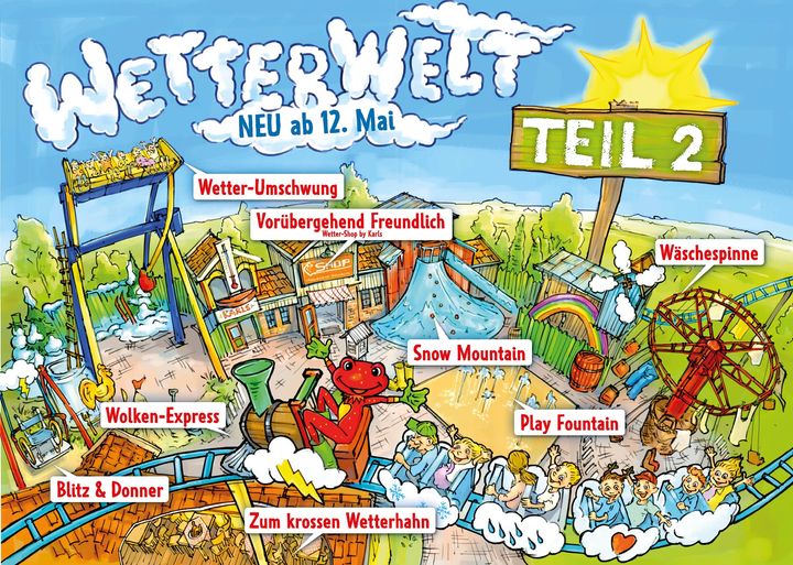 NEU ab 12. Mai 2023 in ELSTAL🆕
🌈𝗪𝗲𝘁𝘁𝗲𝗿𝘄𝗲𝗹𝘁 𝗧𝗲𝗶𝗹 𝟮☁️
Wir erweitern den beliebten Themenbereich WETTERWELT im Erlebnis-Dorf #Elstal bei #Berlin! 
Familien-Achterbahn, Wasserfontänen-Spielplatz, Rollstuhlfahrer-Schaukel, Wild Swing, Wave Swinger uvm. #freizeitpark