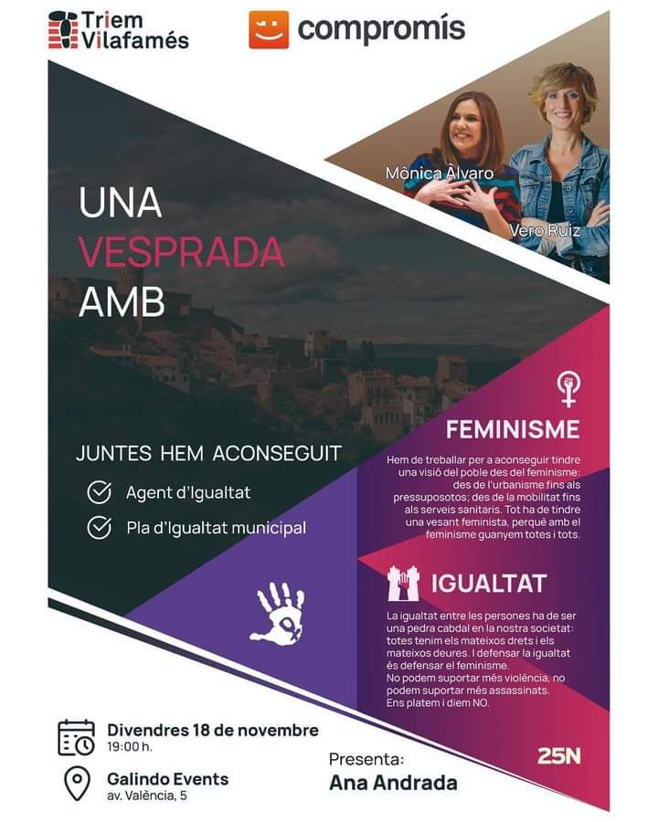 veroruizescrig's tweet image. Aquesta vesprada, juntament amb les companyes Ana Andrada i Mònica Álvaro, parlarem de Feminisme, d&apos;Igualtat, de polítiques valentes que transformen la nostra societat.
Serà a les 19h a Vilafamés.
Per si vos ve de gust acompanyar-nos.
#25N #GovernsAmbCompromís #TriemVilafamés